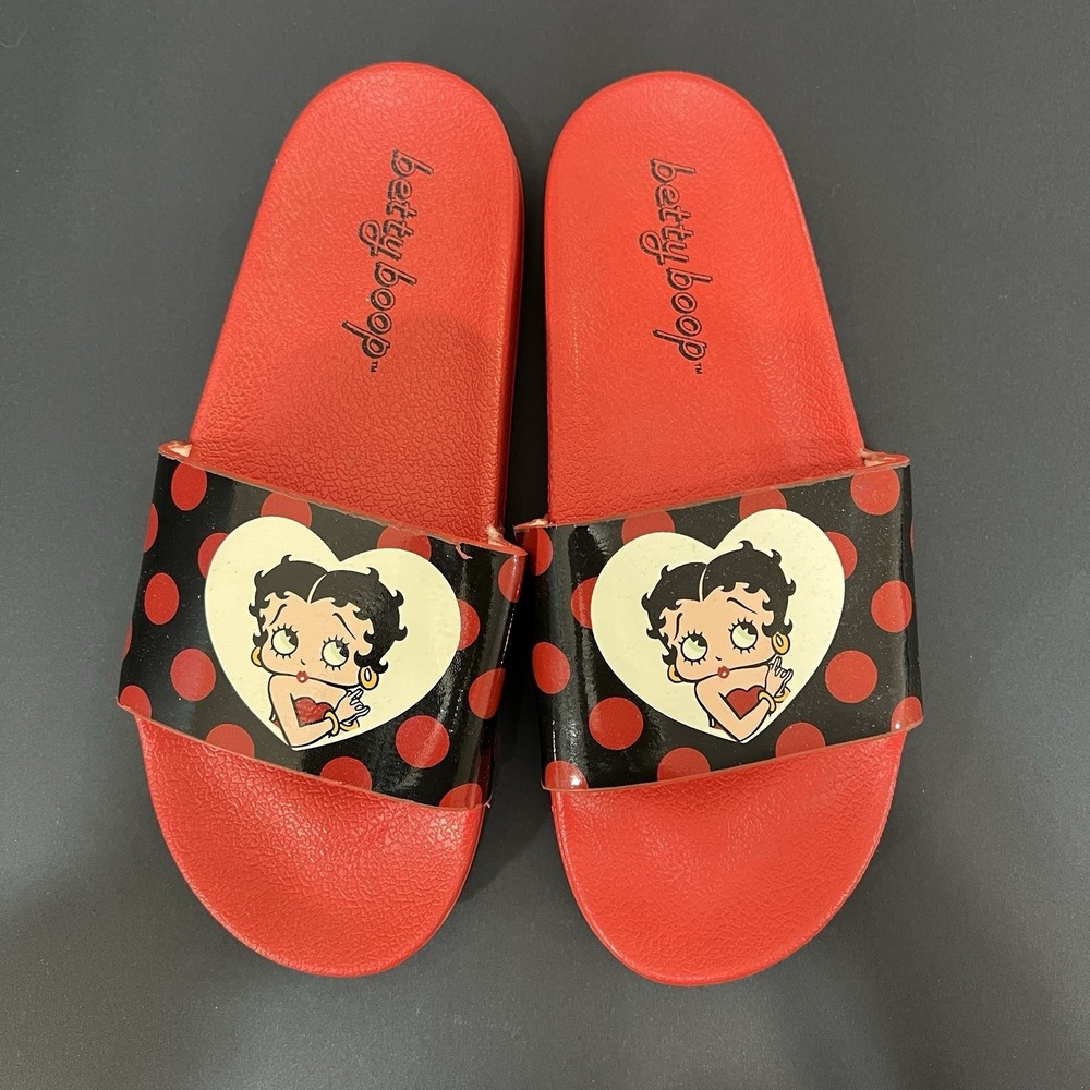 Betty Boop Polka Dot Heart Graphic Slide Sandals Red/Black NWT Size 9